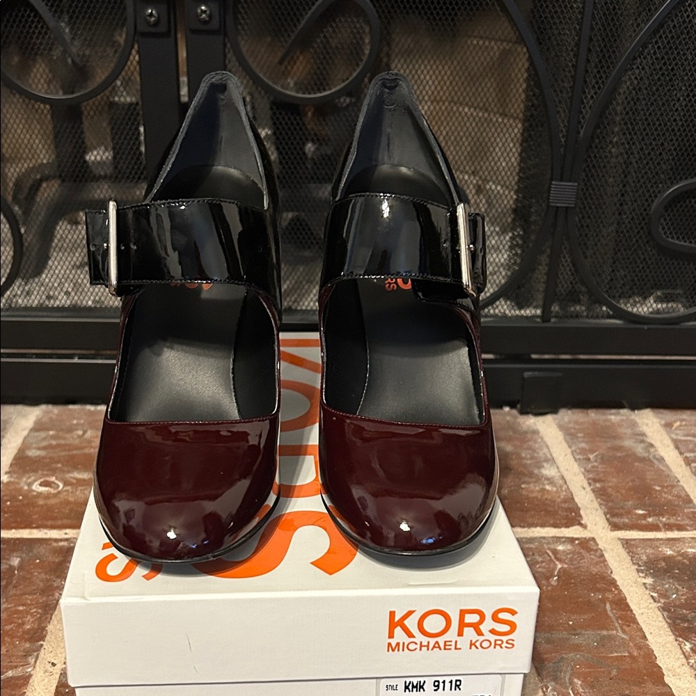 Kors Michael Kors- Deep Red/Black Patent Leather Pipi Heels. Size 9.5, NIB